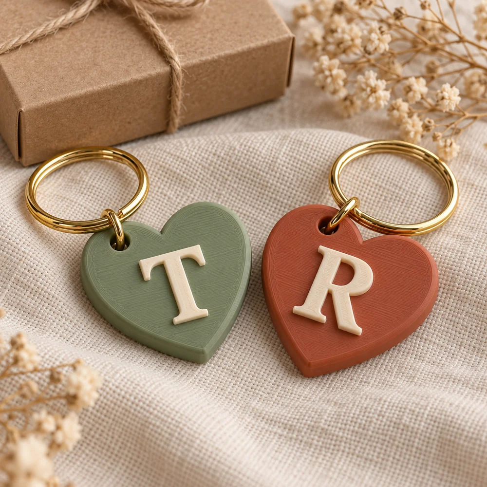 Matching sage and terracotta heart keychains with cream T and R initials