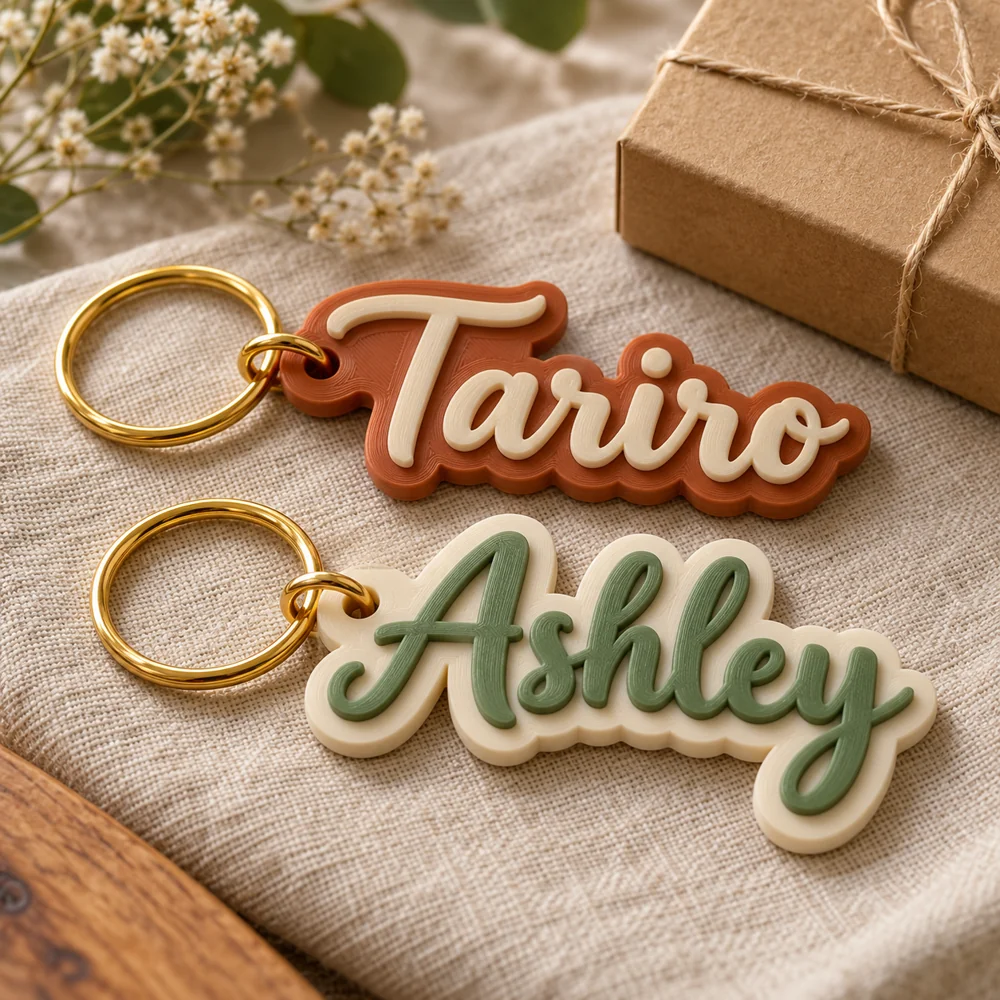 Tariro and Ashley name keychains in terracotta, sage and cream with gold-toned rings