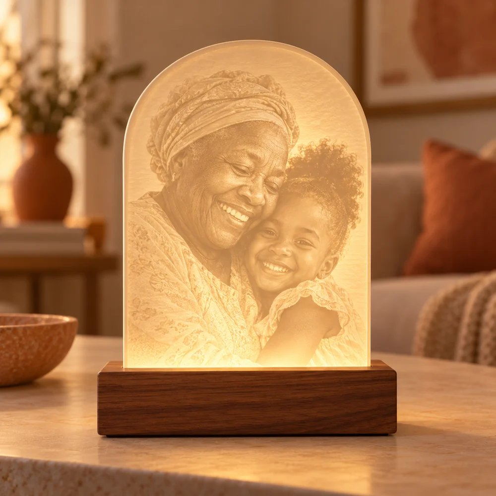 Illustrative arched photo lamp glowing warmly on a wooden base