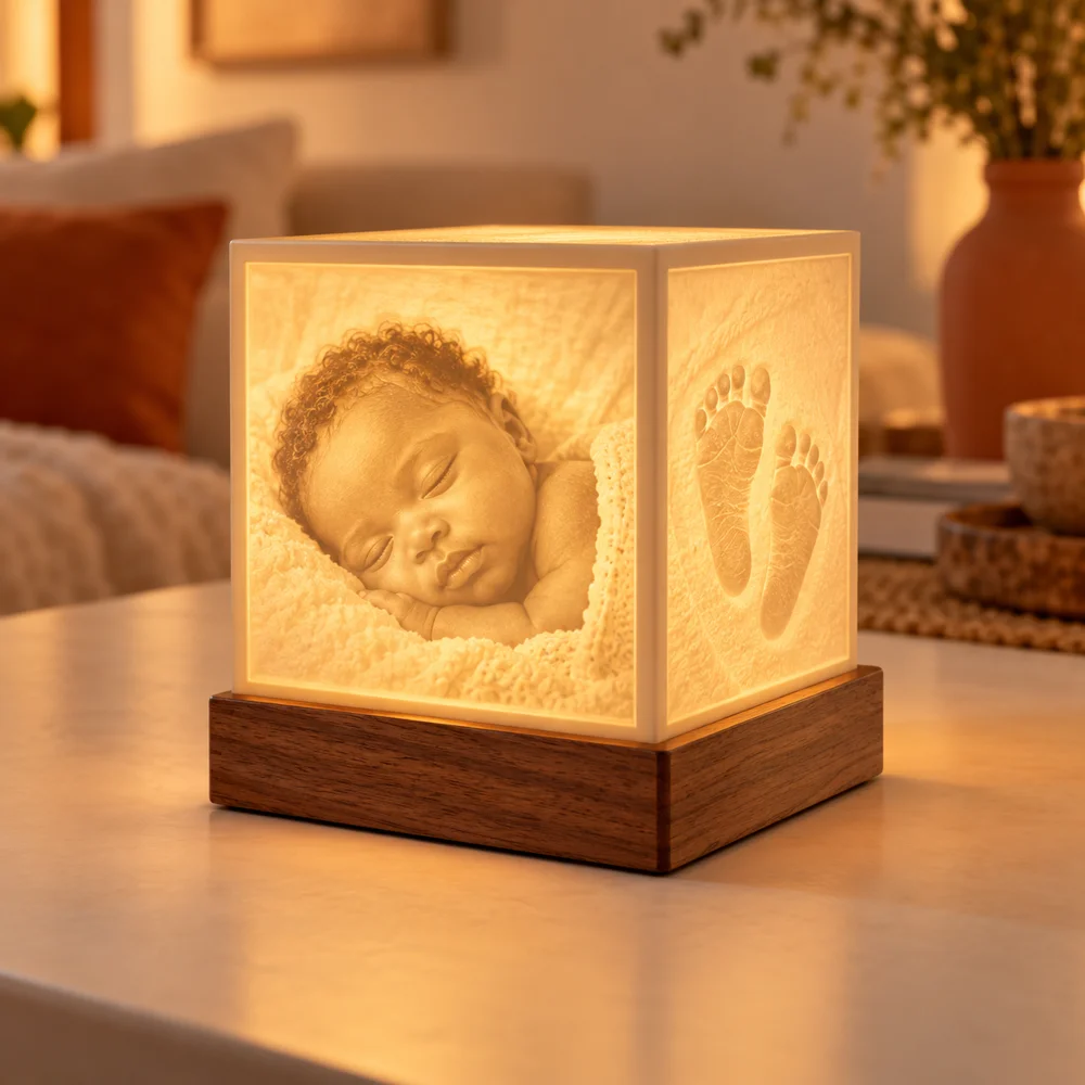 Illustrative photo cube lamp glowing warmly on a wooden base