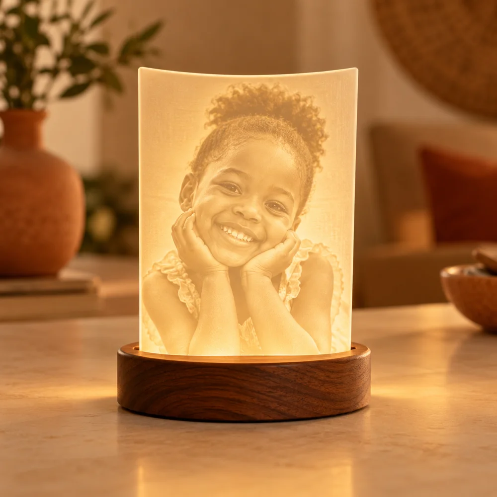 Illustrative curved photo lamp glowing warmly on a wooden base