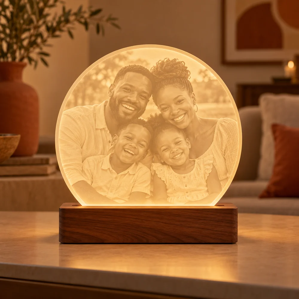 Illustrative round photo lamp glowing warmly on a wooden base