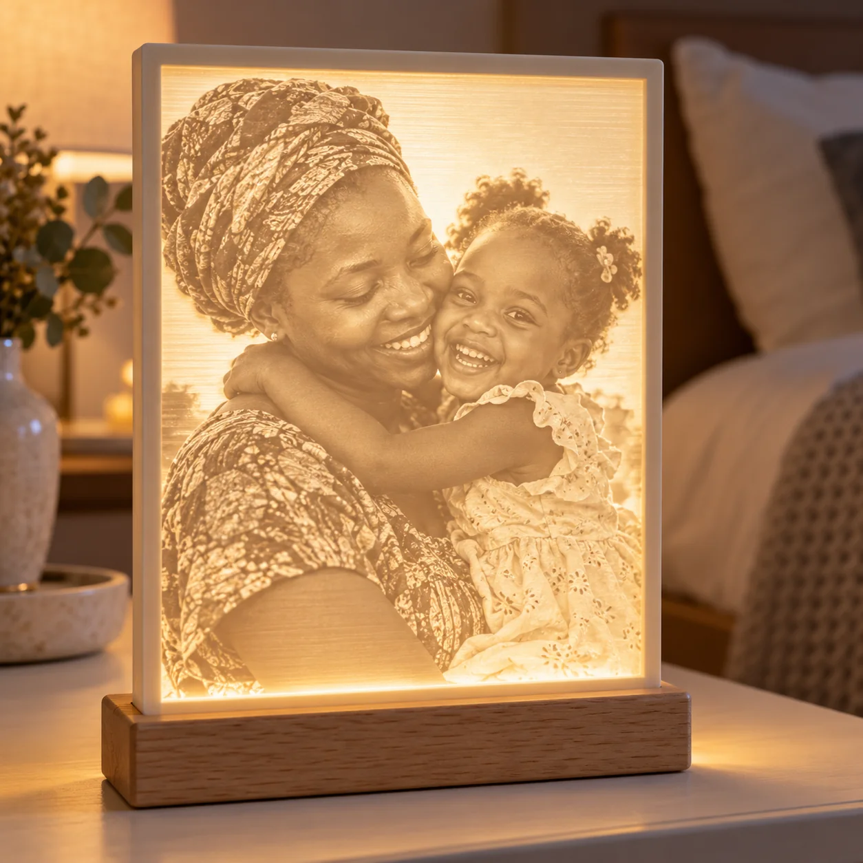 Illustrative lithophane lamp with an illuminated mother and daughter portrait