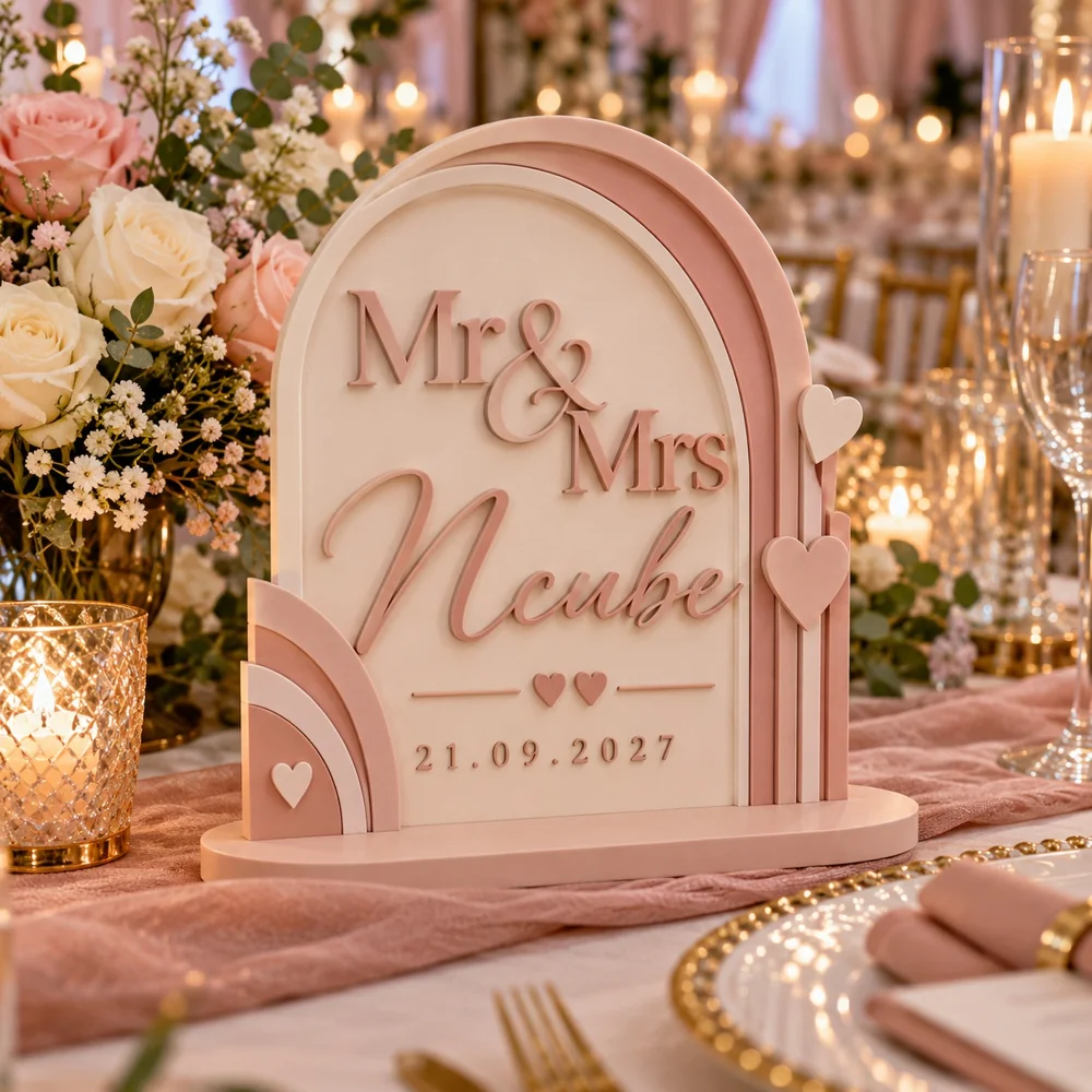 Blush and cream arched wedding sign with Mr and Mrs Ncube and an example wedding date
