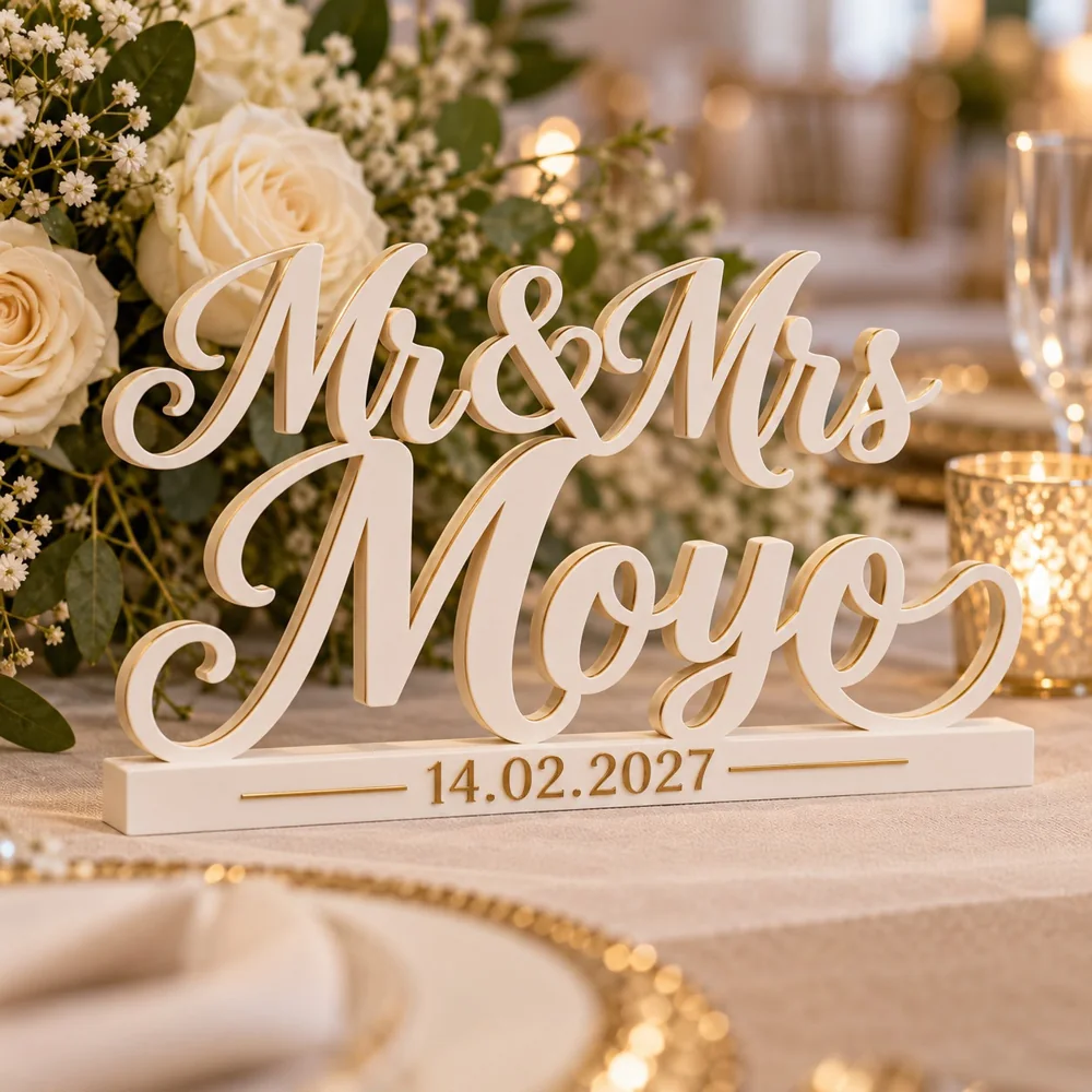 Cream and gold-toned Mr and Mrs Moyo script wedding sign on a display base