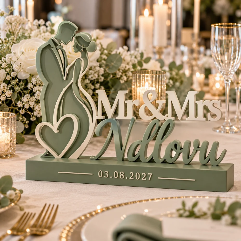 Sage and cream couple silhouette wedding sign with Mr and Mrs Ndlovu and an example date